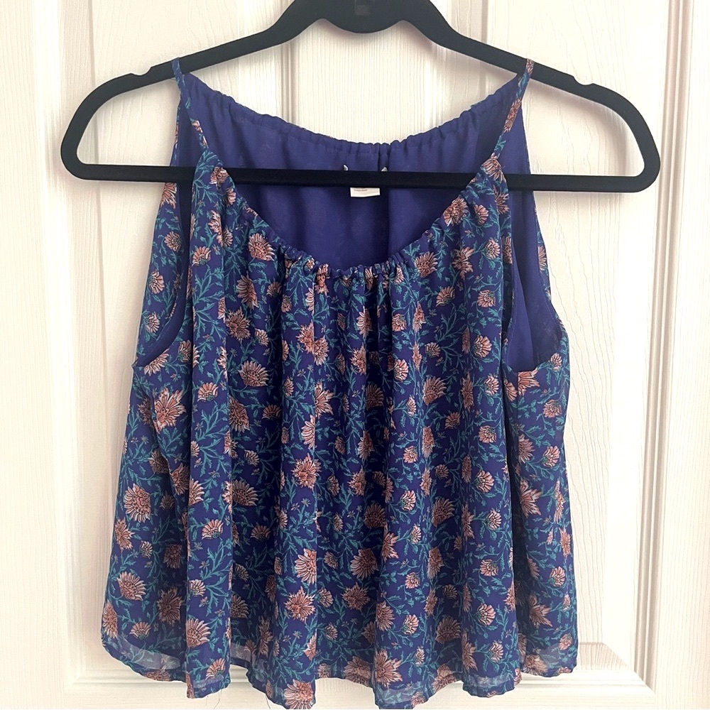 H & M Juniors Size 4 Blue Pink Cropped Floral Blouse Spaghetti Strap Lined